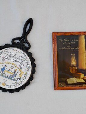Lot of 2 Vintage Trivet Pot Holder & Wood Wall Signage Plaque Encouraging Decor